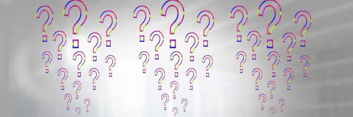 Multiple multicolor question marks against a white office building background, abstract text concept