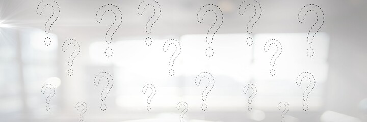 Multiple question marks against a white office building background, abstract text concept
