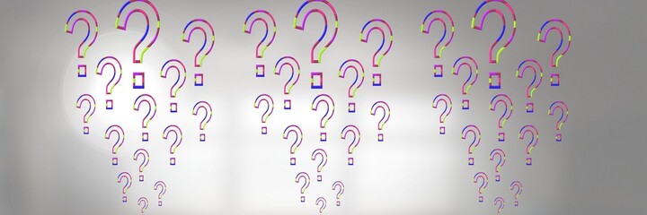 Multiple multicolor question marks against a white office building background, abstract text concept