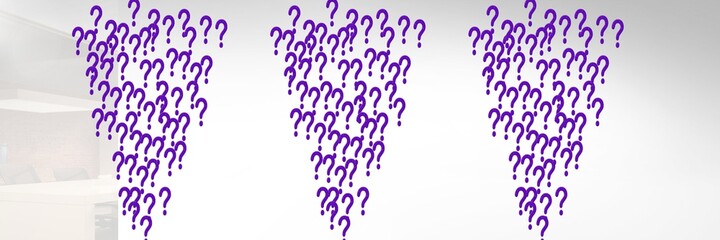Multiple purple question marks against a white office building background, abstract text concept