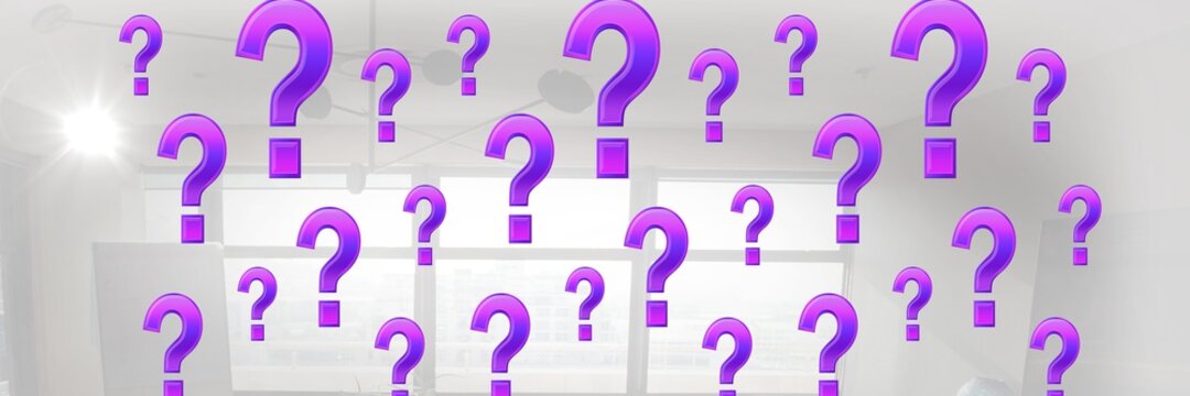 Multiple purple question marks against a white office building background, abstract text concept