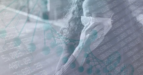 Caucasian woman coughing in her mask in the street