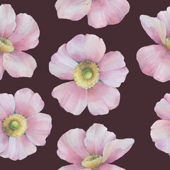 Rosehip flowers seamless pattern. Watercolor pattern of pink flowers. Botanical illustration on a purple background.