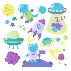 Collection of space cartoon illustrations on white background Icons of rocket, space cat, planets and ufo Set of isolated space objects