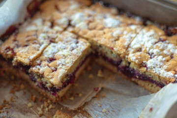 Sliced pie with jam. The cake is cut into square pieces