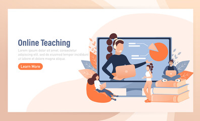 Cartoon online teaching for web design. Cartoon character. Web design. Character for web marketing design. Vector illustration.