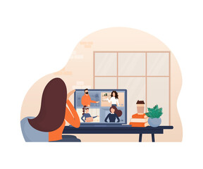 Flat illustration. Video conference. Video call between friends, chatting online by mobile app. Stay at home, work, communication remotely. Vector illustration.