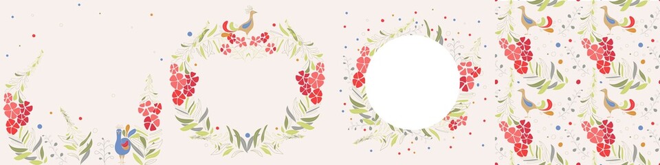 set of vector floral cards. Vector wreath, frame, seamless pattern with willow-herb flowers, fireweed and birds in ethnic style