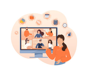 Flat illustration. Video conference. Video call between friends, chatting online by mobile app. Stay at home, work, communication remotely. Vector illustration.