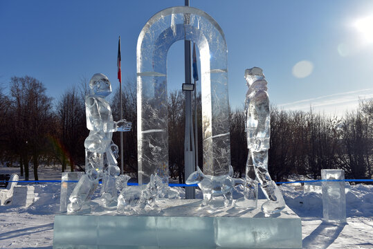 Exhibition of ice sculptures on the embankment of the city