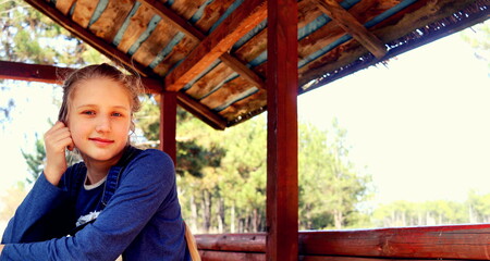young girl, blonde, wooden gazebo, children's eyes, parental love,