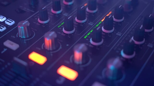 Dj uses Mixing Controller, stroboscopic light and smoke, gimbal shot