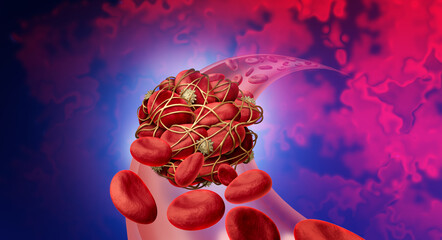 Blood clot health risk or thrombosis medical illustration concept symbol as a group of human blood cells clumped together by sticky platelets and fibrin as a blockage in an artery or vein