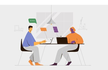 Woman and man working together using laptop and smartphone in the office or home office. Outline vector illustration, business and teamwork concept