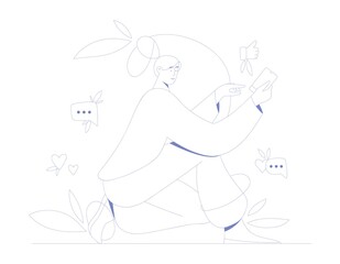 Girl using smartphone. Virtual communication and social media concept, outline vector illustration