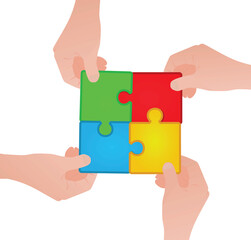 Hands hold puzzle. connection or teamwork concept. vector illustration