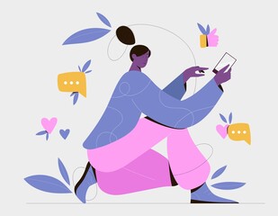 Girl using smartphone. Virtual communication and social media concept, vector illustration