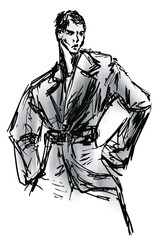 Abstract man with his hands on hips hand drawn eps10 vector illustration isolated on white background.