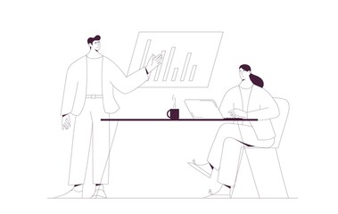 Woman and man working together using laptop at the office. Man doing presenation. Outline vector illustration, business and teamwork concept