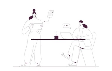 Women working together using computer and tablet in the office. Outline vector illustration, business and teamwork concept