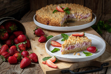 Pie with curd filling and shortcrust pastry strawberries. Sbricholata.