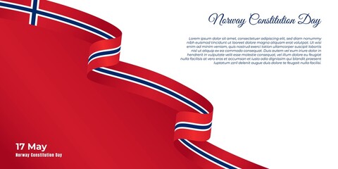 Norway constitution day design with flying norway ribbon and red background.