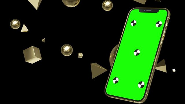 Green Screen. Gold Mobile Phone. Cubes. Pyramides. Balls Floating. Slow Motion. Advanced Device. Cell phone. Presentation. Modern Electronics. Visual Effects. 3D Graphic Animation. Layout. Chroma key