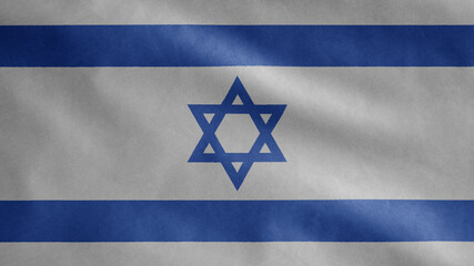 Israeli flag waving in the wind. Close up of Israel banner blowing soft silk.