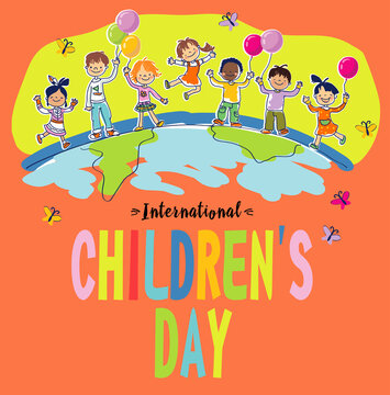 International Children's Day - June 1. The image of funny children of different nationalities on the globe.