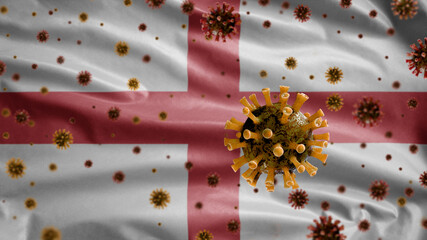 3D, England flag waving with Coronavirus outbreak. English Covid 19
