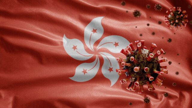 3D, Flu coronavirus floating over Hongkong flag. Hong Kong and pandemic Covid 19