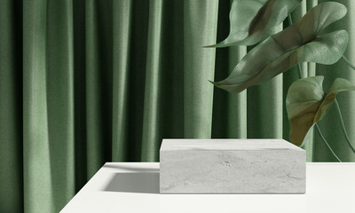 Stone product display podium stand with nature leaves on green curtain background. 3D rendering