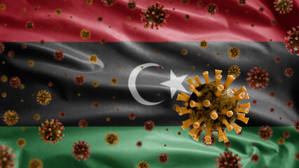 3D, Libyan flag waving with Coronavirus outbreak. Libya Covid 19
