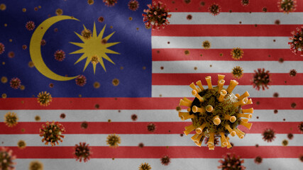 3D, Malaysian flag waving with Coronavirus outbreak. Malaysia Covid 19