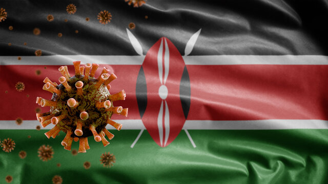 3D, Flu Coronavirus Floating Over Kenyan Flag. Kenya And Pandemic Covid 19