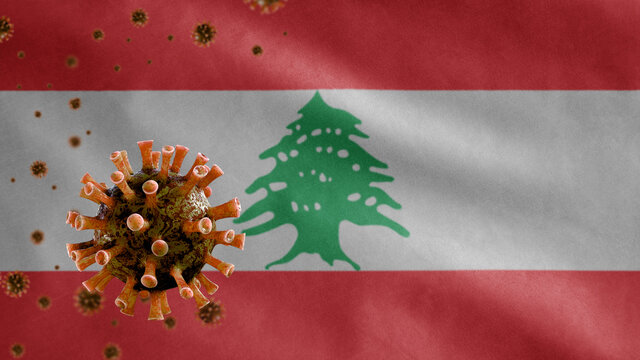 3D, Flu Coronavirus Floating Over Lebanese Flag. Lebanon And Pandemic Covid 19