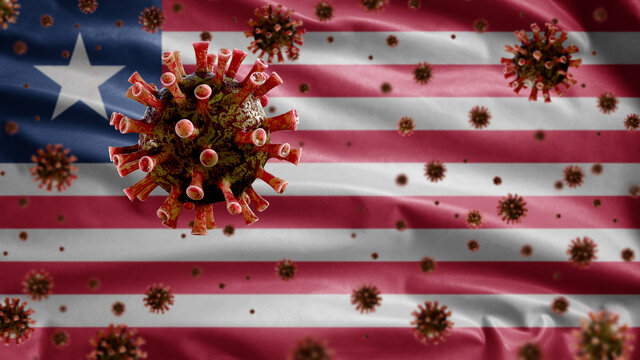 3D, Liberian flag waving with Coronavirus outbreak. Liberia Covid 19