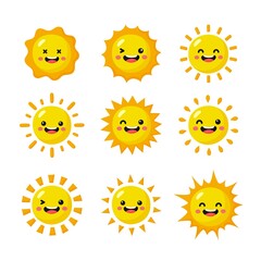 Sun emoji icon set isolated on white background. vector illustration.