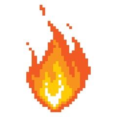 Falling fireball pixel icon. Burning fire with glowing yellow core red flame after powerful explosion with flying vector sparks.