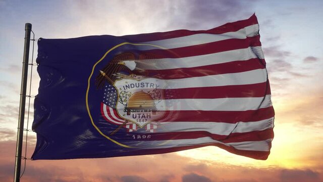 Utah and USA flag on flagpole. USA and Utah Mixed Flag waving in wind