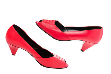Red female shoes isolated on white. Women's shoes on high heels