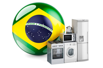 Kitchen and household appliances with Brazilian flag. Production, shopping and delivery of home appliances in Brazil concept. 3D rendering