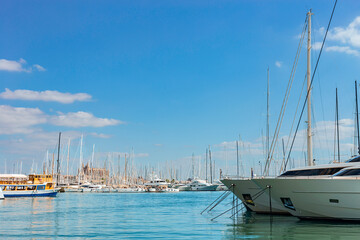 Fototapeta premium Luxury yachts moored in the seaport of the Spanish city of Palma de Mallorca