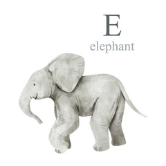 Watercolor illustration of a cute elephant. Cute animal alphabet series A-Z