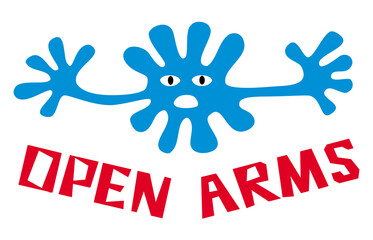 Fototapeta premium A funny cartoon man with big eyes and open arms to hug. Blue color. Inscription: Open arms. Vector Graphics. 