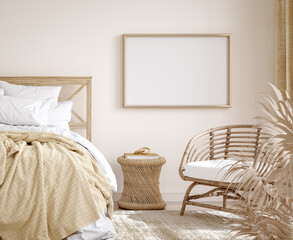 Mockup frame in farmhouse style bedroom interior background, 3d render