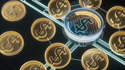 Obraz premium US Dollar neon symbol. USA cryptocurrency exchange stock concept 3d illustration