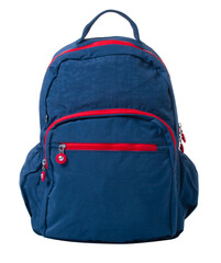 Fototapeta premium Women's backpack made of blue fabric with red zippers. On a white background