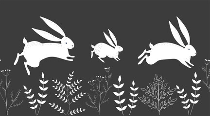 Seamless vector border with white hares and plants on a black background. Rabbits run.