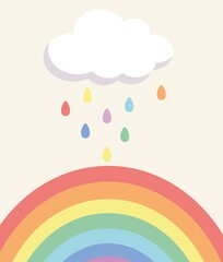bright rainbow, cloud with colored raindrops, bright, colorful card for children's birthday, stylized vector graphics